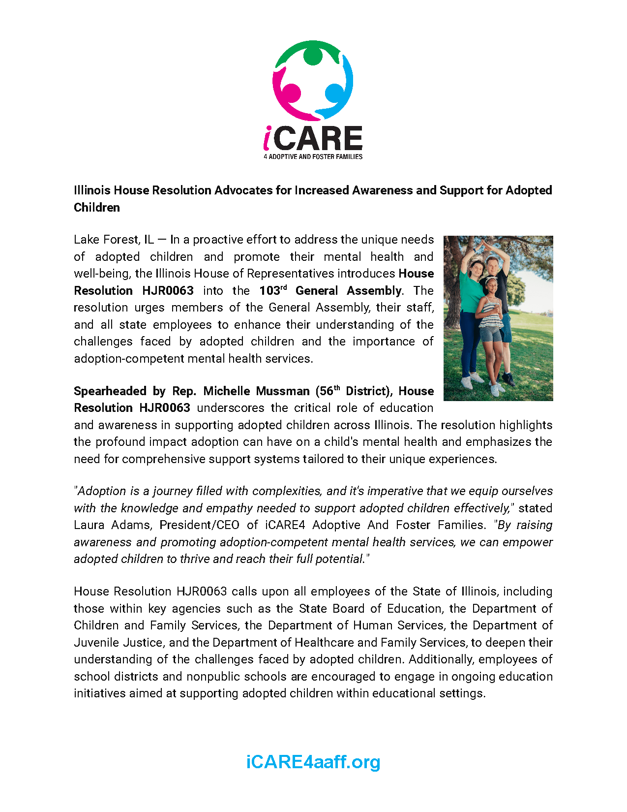 HJR0063 news article supporting adopted, foster, and kinship youth in Illinois, March 2024
