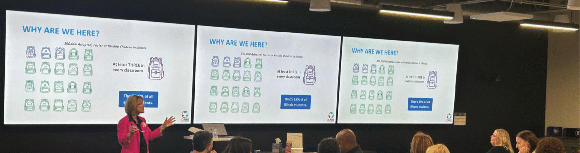 A professional presenting information in front of three screens to an audience of educators about adoption and foster family support during a Connected We Thrive™ training.