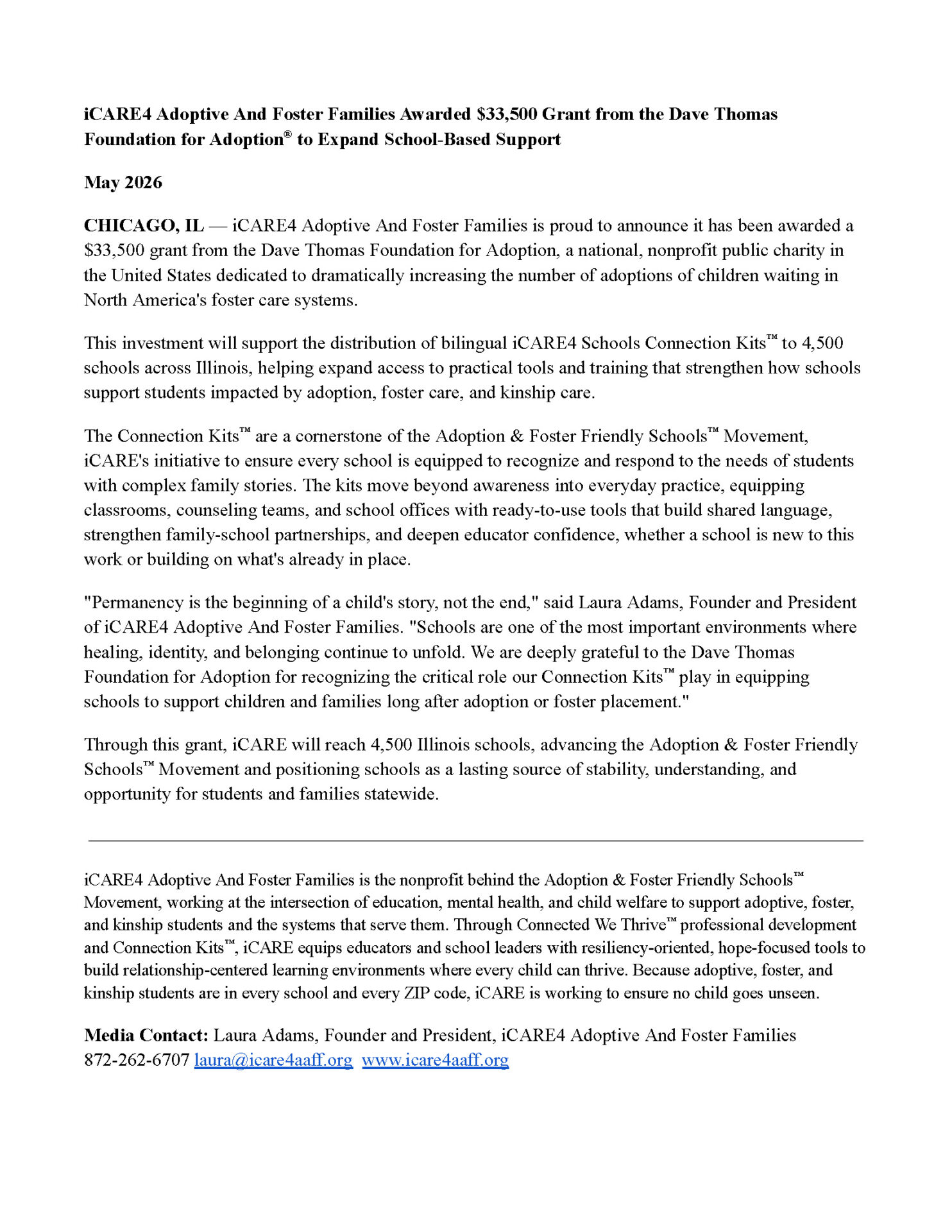 iCARE Adoptive And Foster Families awarded $33,500 grant from the Dave Thomas Foundation for Adoption to expand Connection Kits™ to 4,500 Illinois schools