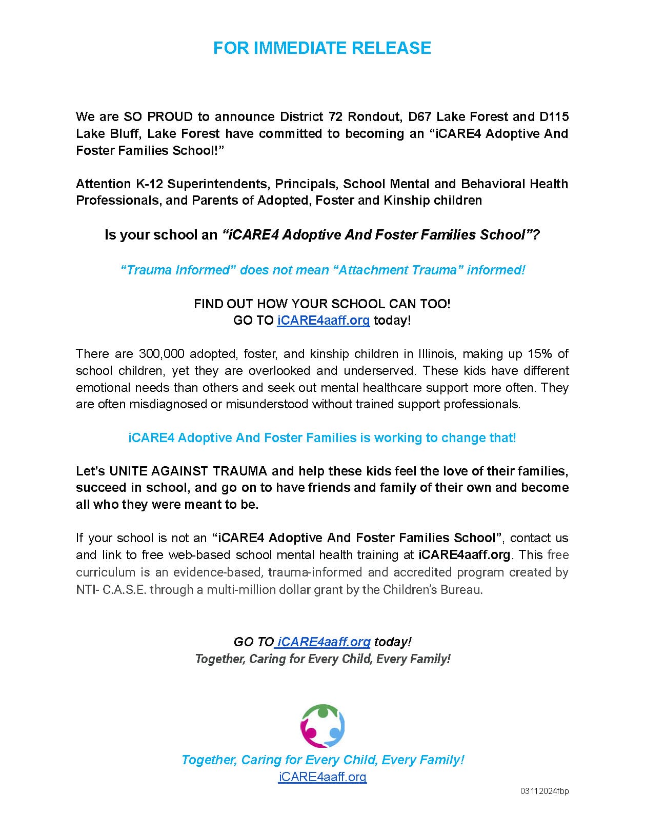 Announcement of D72, D67, and D115 school district commitment to Adoption and Foster Friendly Schools™, March 2024