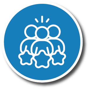 Circular blue icon featuring three stylized figures standing side-by-side with three stars floating above them, representing a collaborative school team.