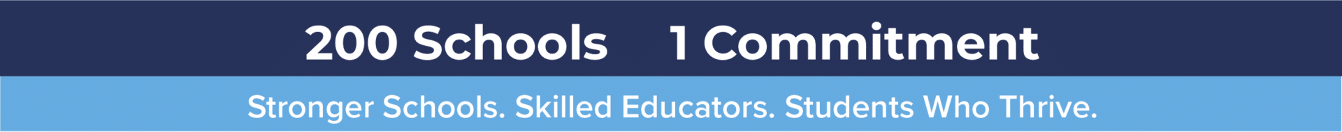 Graphic card with a blue bar header featuring white text that reads "Schools. 1 Commitment. Schools. Skilled Educators. Students Thrive."