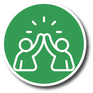 Circular green icon featuring a minimalist white line art graphic of an two people raising arms with five curved lines radiating upwards, symbolizing open resources or supportive practices.