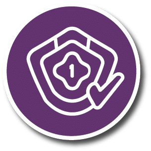 Circular purple icon featuring a minimalist white line art graphic of a shield containing a checkmark, representing a completed school designation.