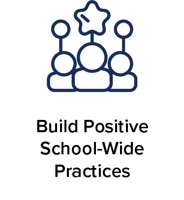 Minimalist blue and white line art illustration of three smiling figures standing together under a grouping of stars, with the text "Build Positive School-Wide Practices" written underneath.