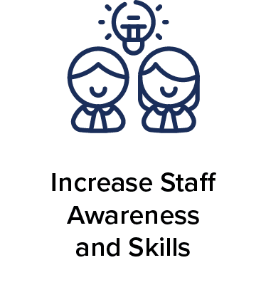 Minimalist blue and white line art illustration of a lightbulb floating above two smiling people, with the text "Increase Staff Awareness and Skills" written underneath.