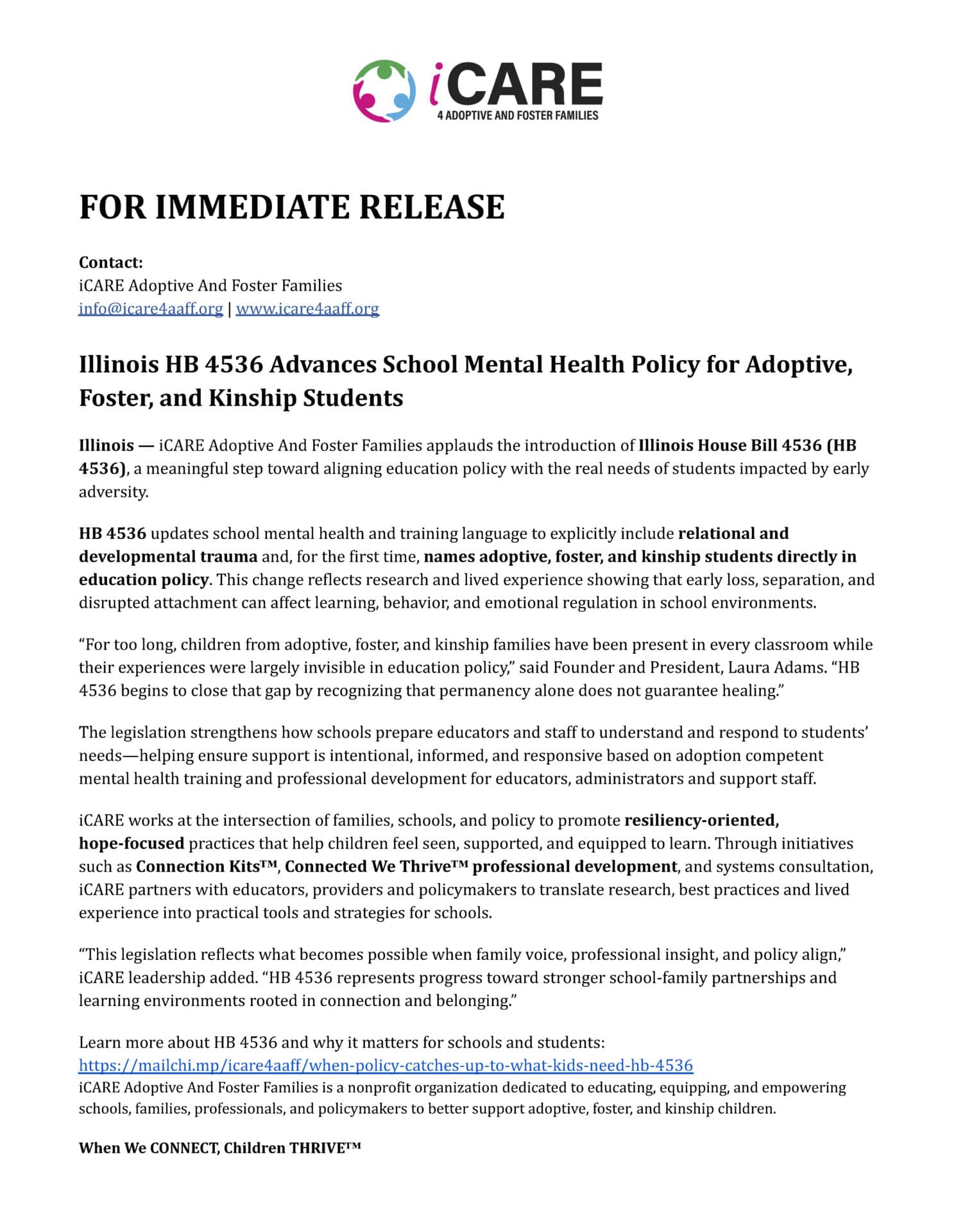 Press release for HB 4536, naming adopted, foster, and kinship youth in Illinois school law