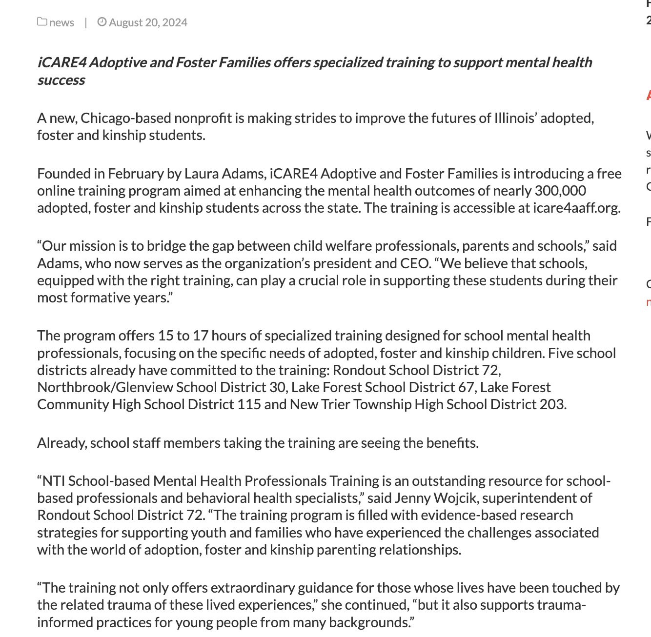 Lake County News Dispatch coverage of iCARE Adoptive And Foster Families, August 20, 2024