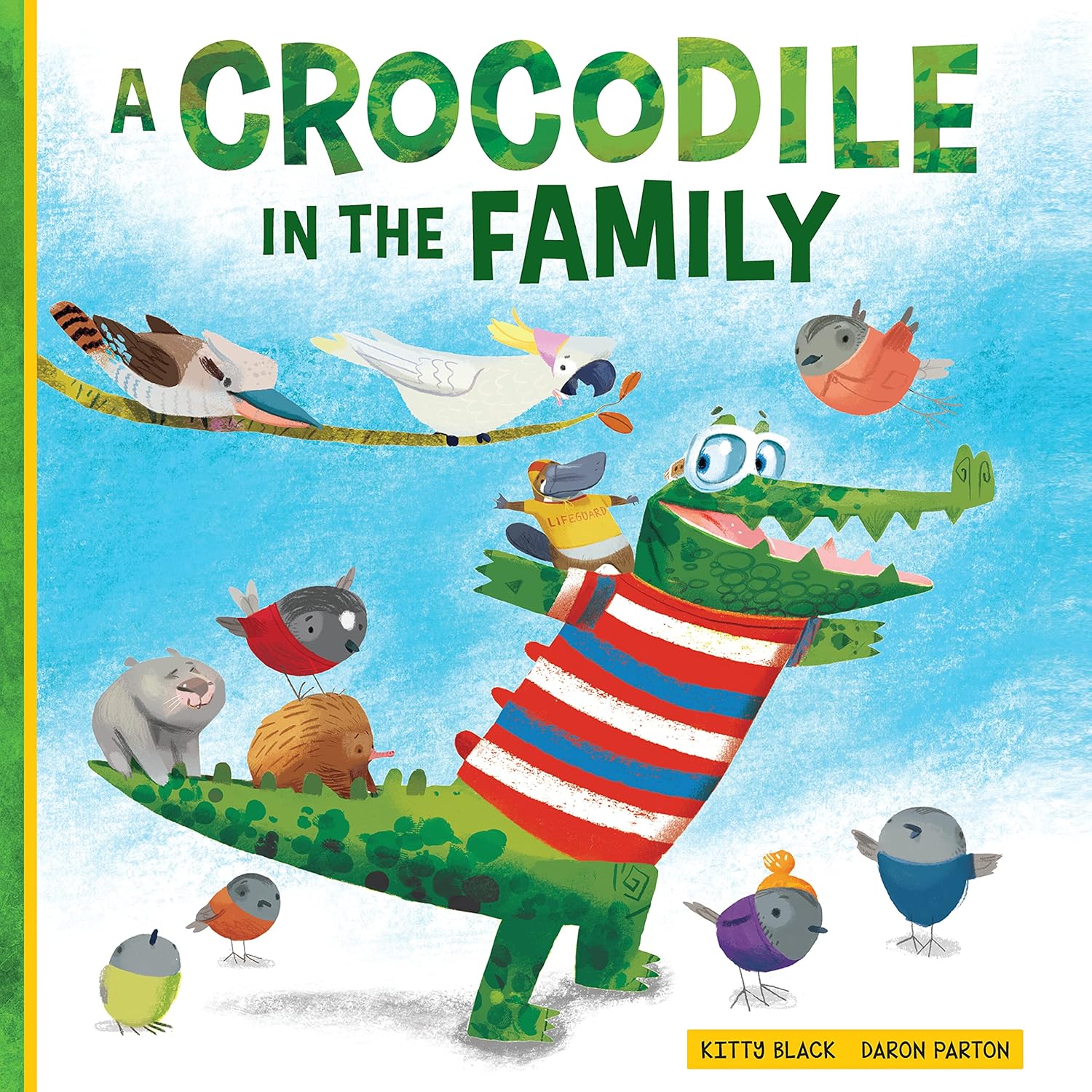 Book cover for 'A Crocodile in the Family' by Ki'y Black. The illustration depicts a loving family of birds caring for a baby crocodile in the Australian bush