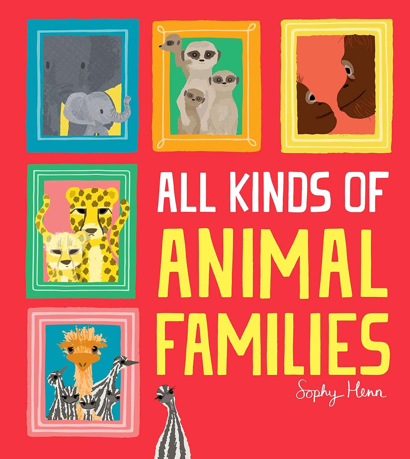 Book cover for 'All Kinds of Animal Families' by Sophy Henn, showcasing a vibrant array of animal families, including clownfish and cheetahs, celebrating love and diversity.