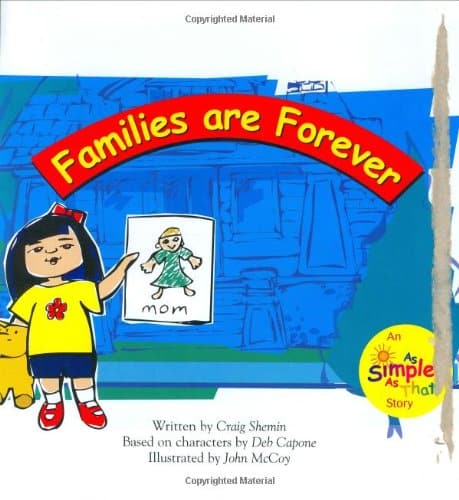 Book cover for 'Families Are Forever' by Craig Shemin, depicting young Rain and her stuffed hippo on an international adoption journey from China to America.