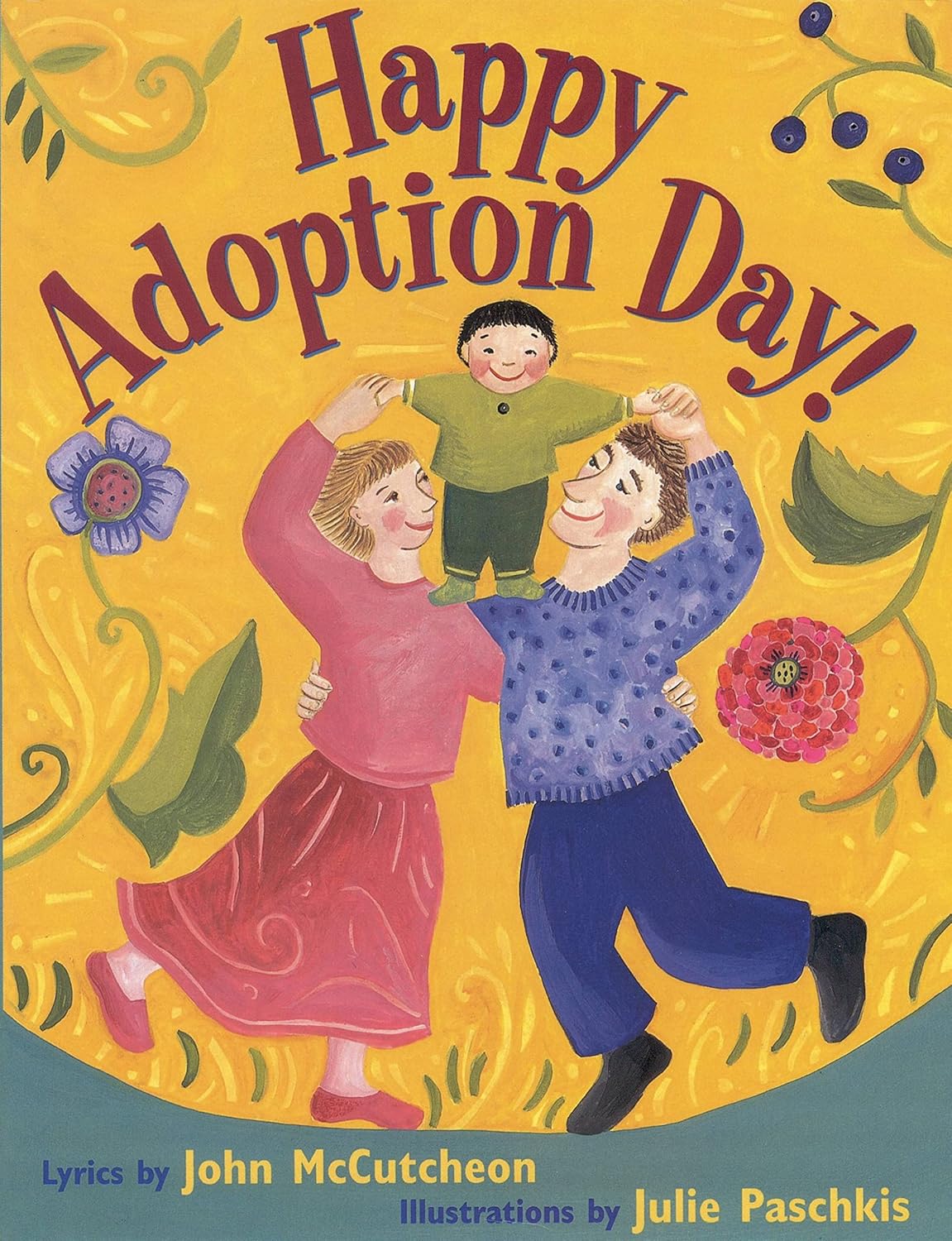 Book cover for 'Happy Adoption Day!' by John McCutcheon, displaying comforting, gentle artwork that mirrors the classic commemorative song lyrics