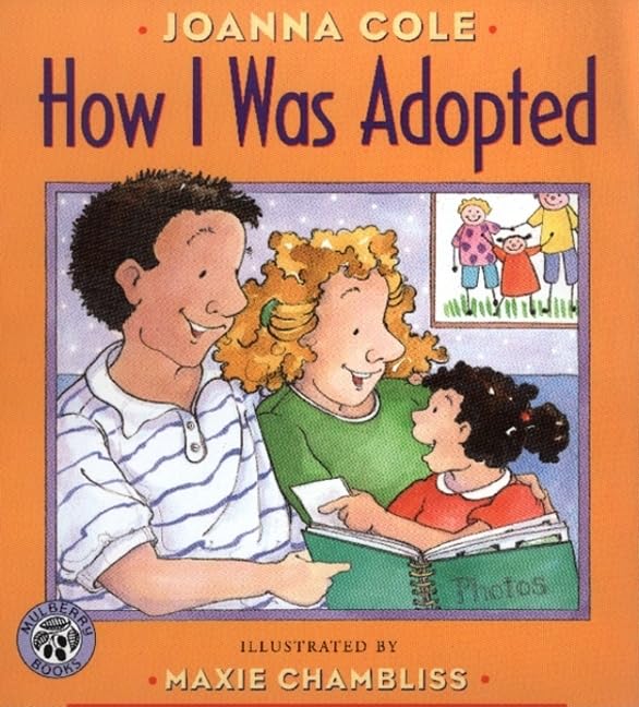 Book cover for 'How I Was Adopted' by Joanna Cole, showing a joyful illustration of Sam inviting young readers to share their own unique adoption stories.