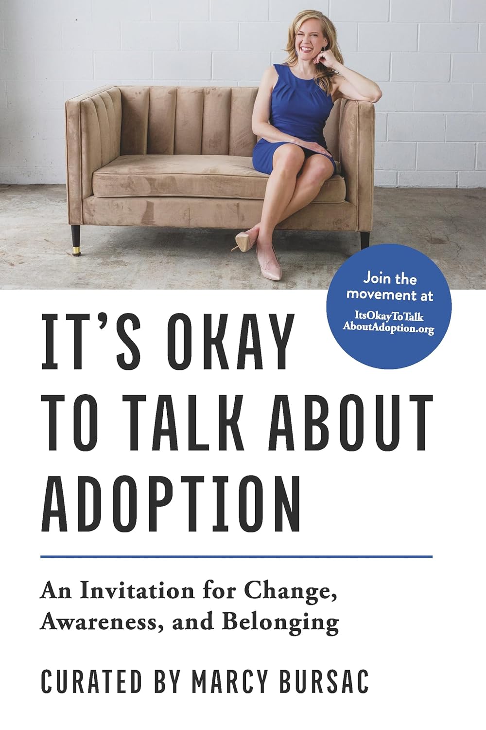 Book cover for 'It's Okay to Talk About Adoption' by Marcy Bursac, showing a modern professional anthology framework designed for community leaders, school administrators, and HR teams.
