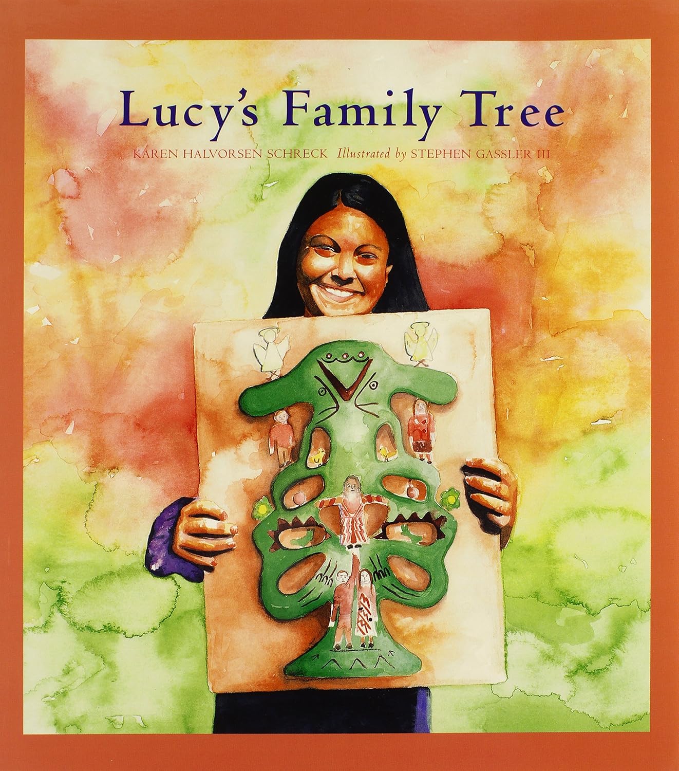 Book cover for 'Lucy's Family Tree' by Karen Halvorsen Schreck, showing a young girl mapping out alternative family tree structures for a school project.