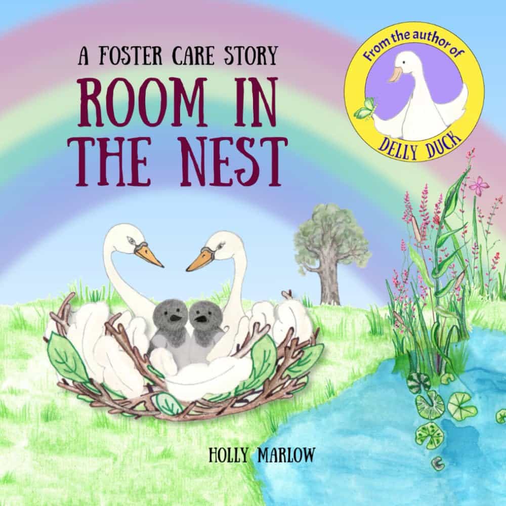 Book cover for 'Room in the Nest' by Holly Marlow, depicting Mr. and Mrs. Swan creating a spacious nest to help birds in need through foster care and adoption.