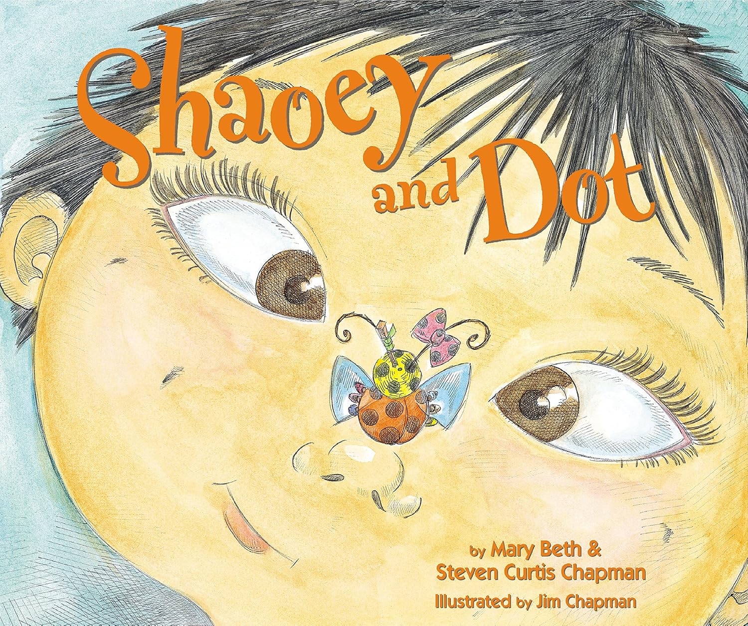 Book cover for 'Shaoey and Dot: Bug Meets Bundle' by Mary Beth Chapman, showing a young Chinese baby girl and her companion ladybug embarking on an adoption journey.