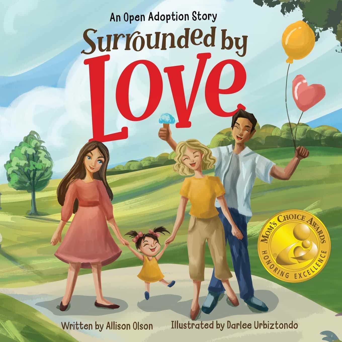 Book cover for 'Surrounded by Love: An Open Adoption Story' by Allison Olson, celebrating the immense network of love surrounding a child in an open adoption.